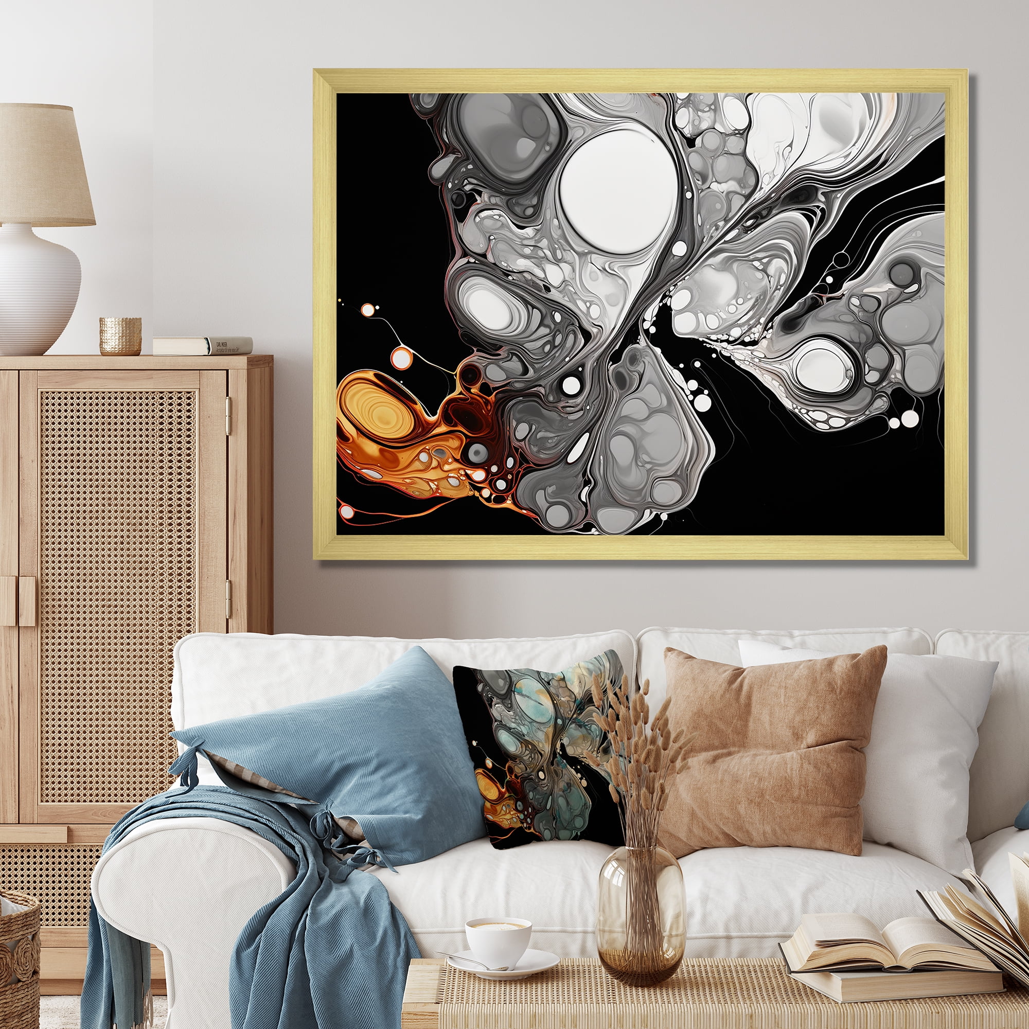 Gold Framed Abstract Canvas Art with Black and Gray Fusion