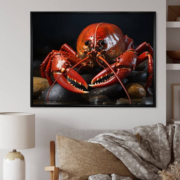 Designart "Black Lobster Portrait in Coral" Animals Floater Framed Canvas Art Print