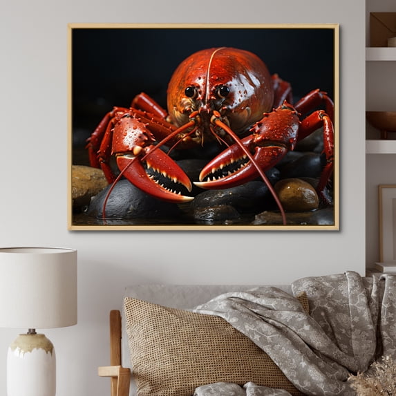 Designart "Black Lobster Portrait in Coral" Animals Floater Framed Canvas Art Print