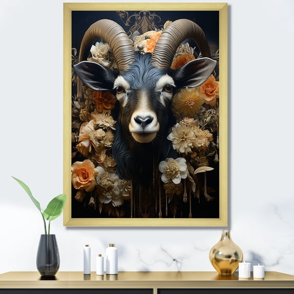 Designart "Black Male Goat in Floral Illustration" Animals Framed Wall Art - Traditional Black Goat Living Room Framed Canvas Art
