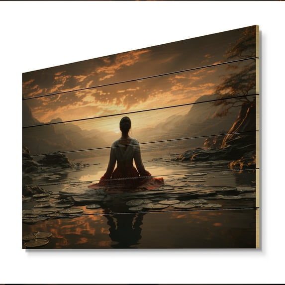 Designart "Black Peach Meditation magic Now" Spiritual Print on Natural Pine Wood