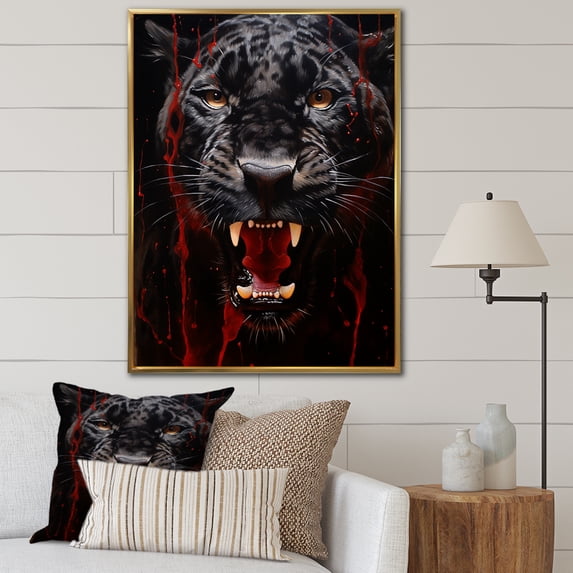 Designart "Black Red Panther SBlueth And Strength" Animals Floater Framed Wall Decor