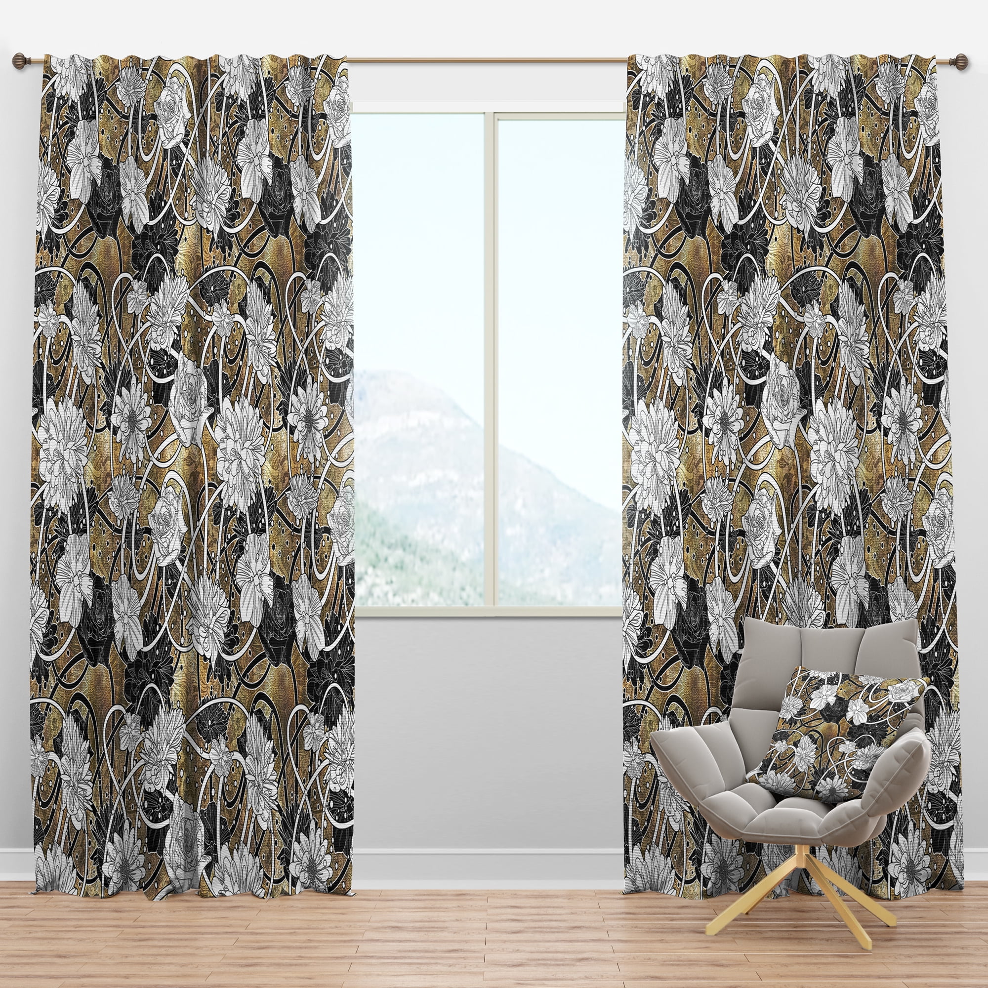 Designart 'Black Roses On Brown With White Drawn Flowers' Floral Blackout Curtain Panel
