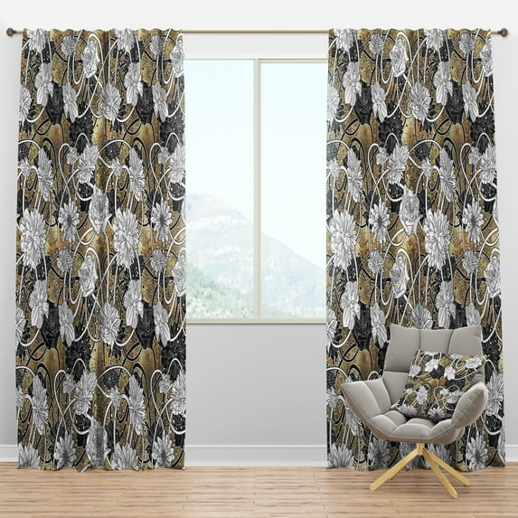 Designart 'Black Roses On Brown With White Drawn Flowers' Floral Blackout Curtain Panel