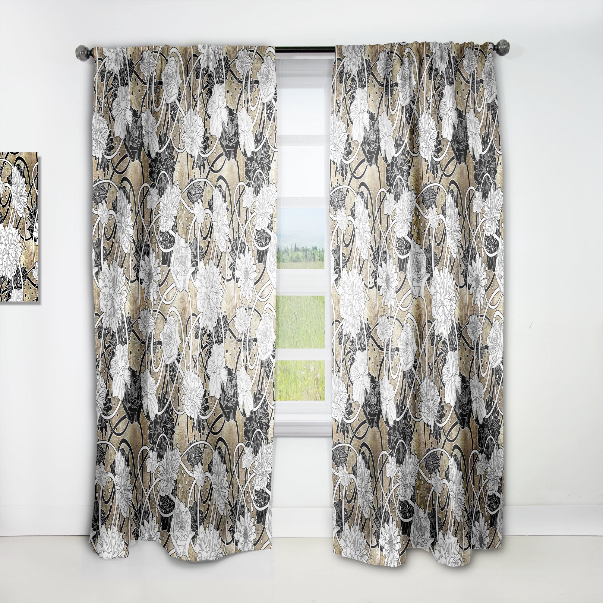 Designart 'Black Roses On Brown With White Drawn Flowers' Floral Curtain Panel