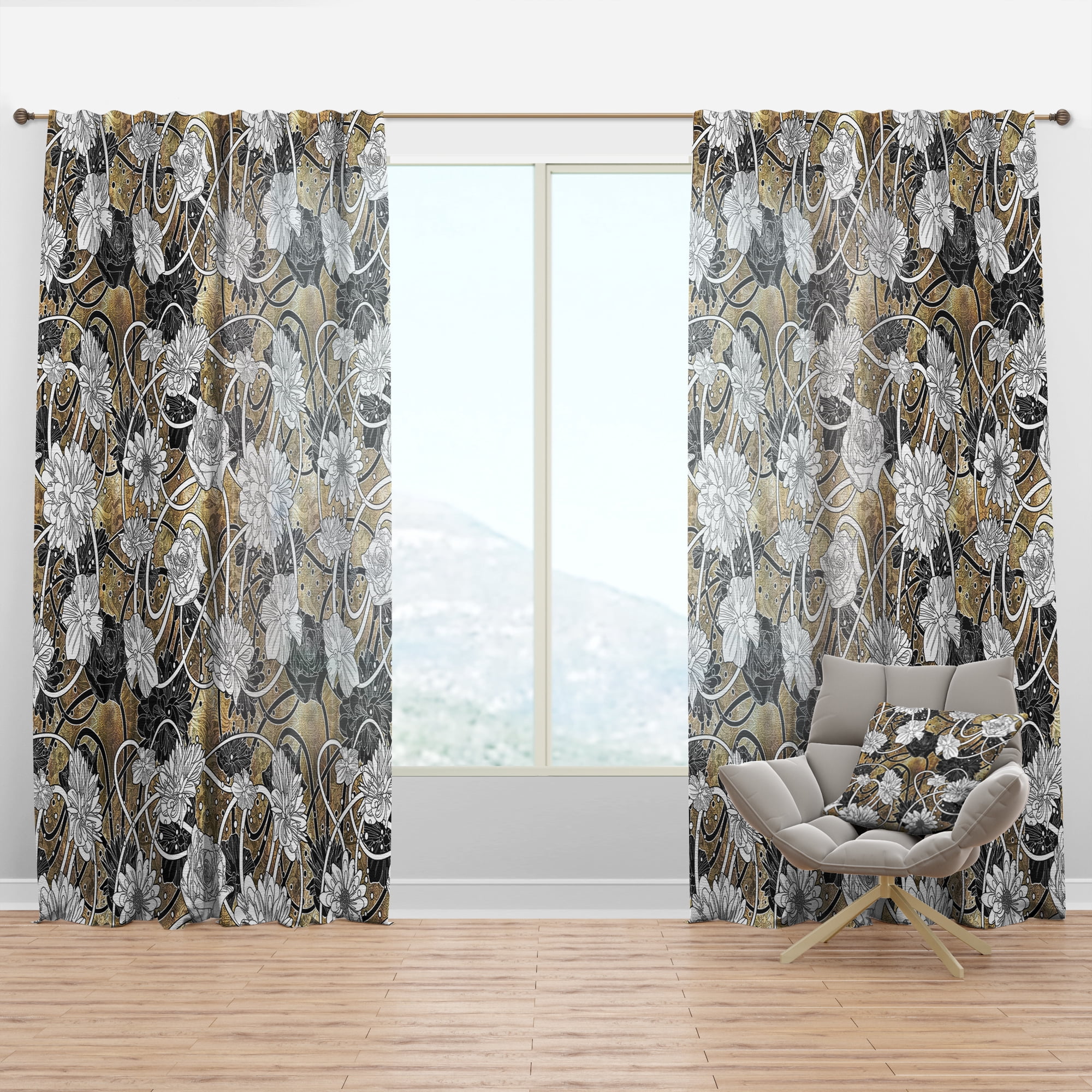 Designart 'Black Roses On Brown With White Drawn Flowers' Floral Curtain Panel