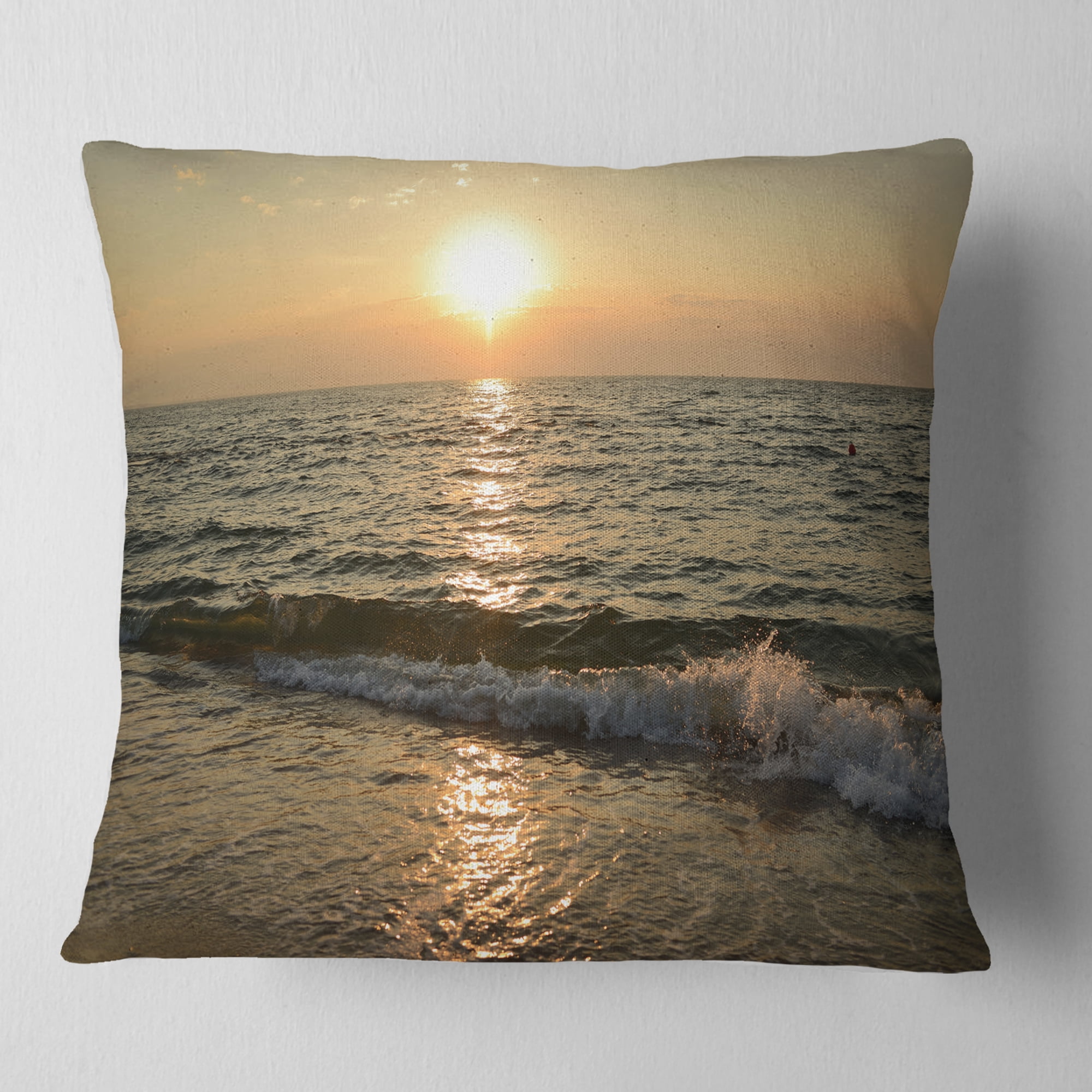 Designart Black Seascape in Morning Sunlight - Beach Photo Throw Pillow - 16x16