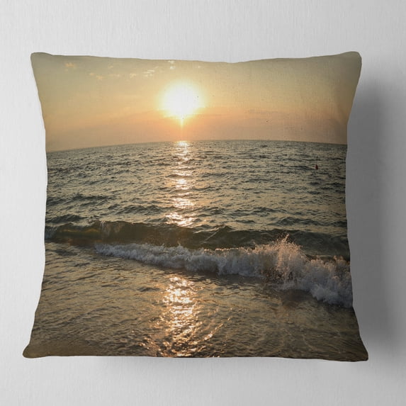 Designart Black Seascape in Morning Sunlight - Beach Photo Throw Pillow - 18x18