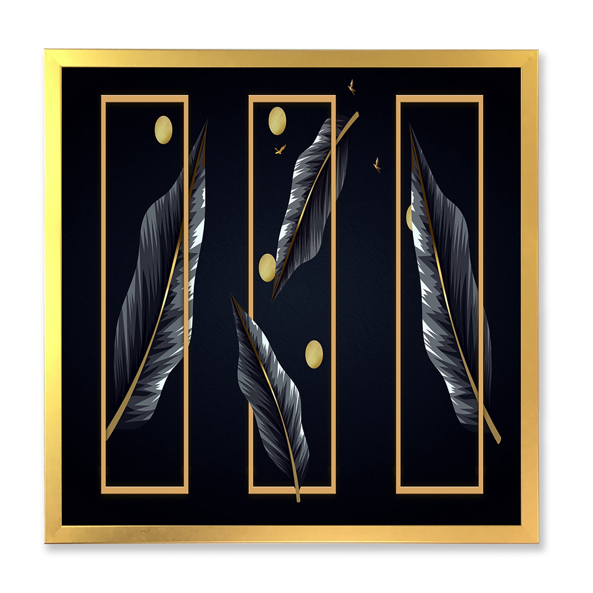Designart 'Black Tropical Leaves Under Golden Rectangles' Modern Framed Art Print