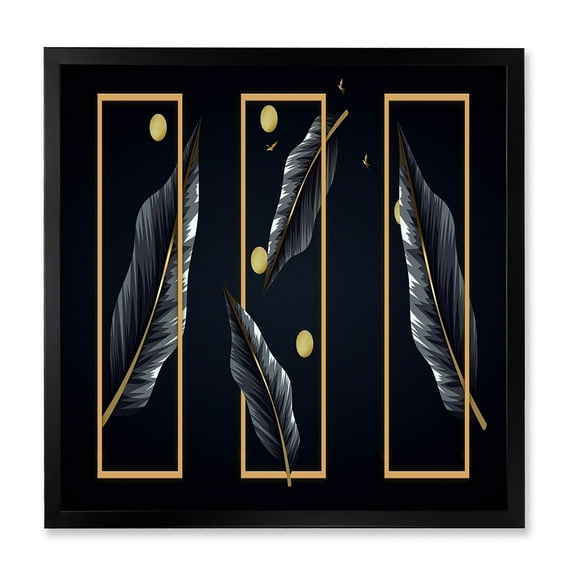 Designart 'Black Tropical Leaves Under Golden Rectangles' Modern Framed Art Print