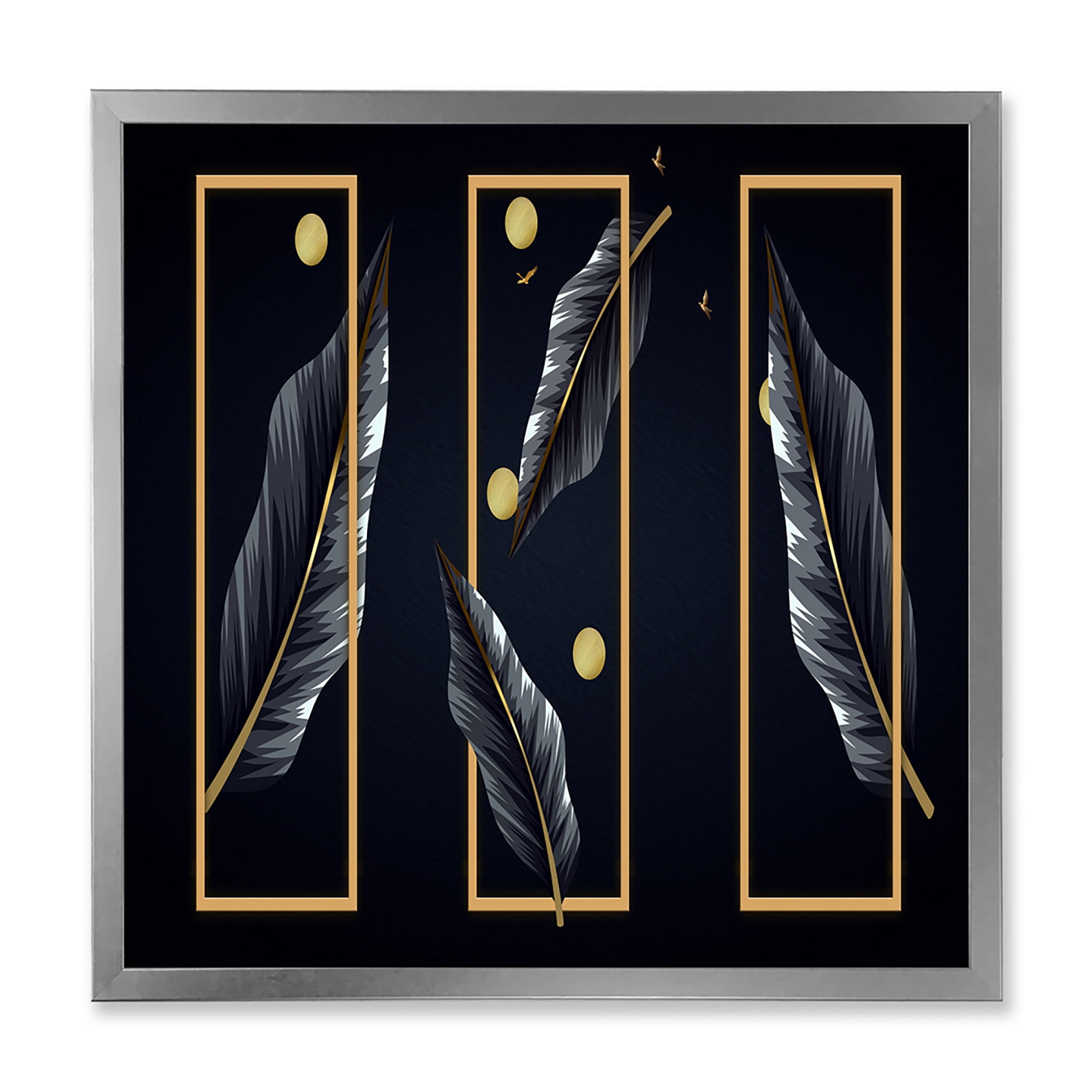 Designart 'Black Tropical Leaves Under Golden Rectangles' Modern Framed Art Print