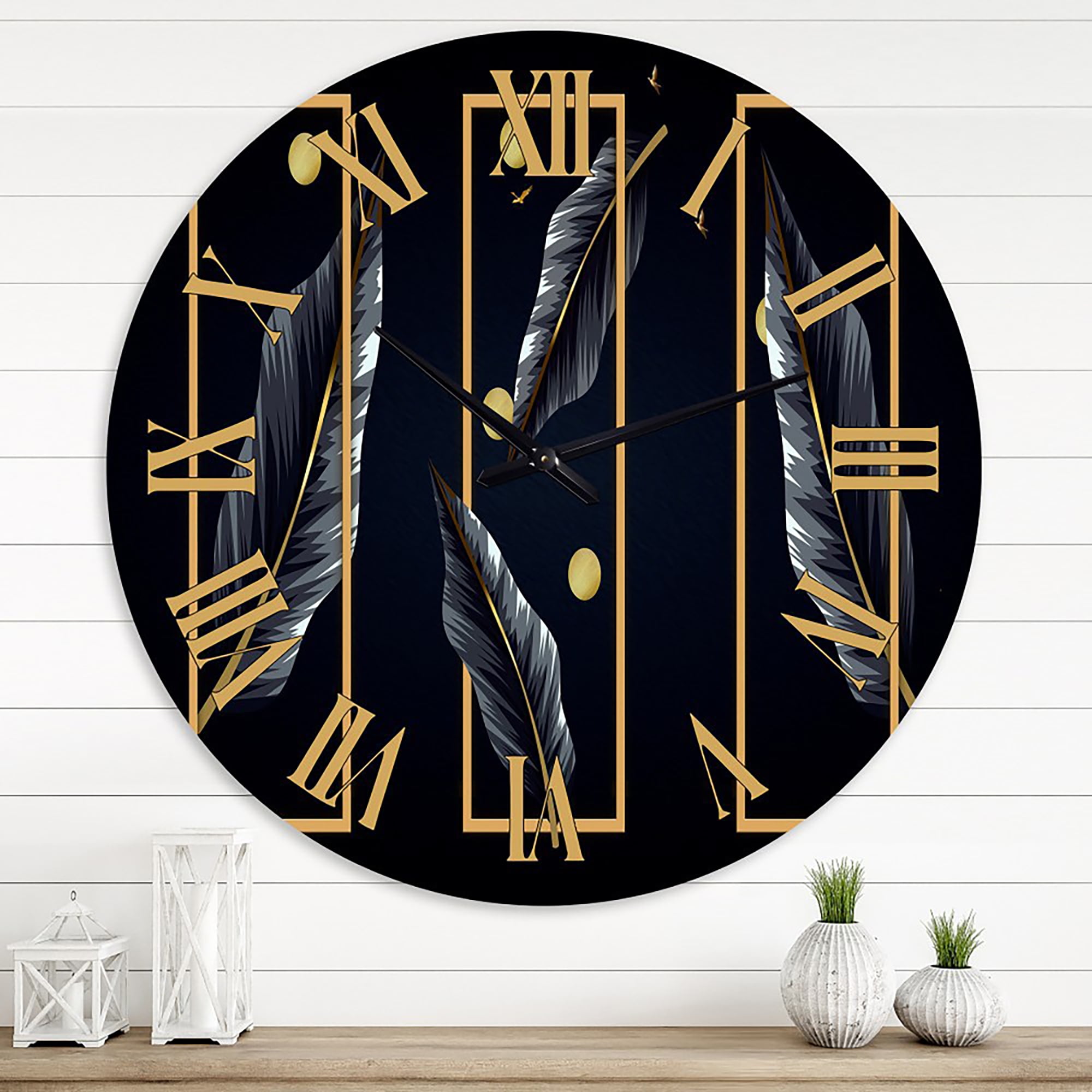 Designart 'Black Tropical Leaves With Golden Rectangles' Modern Wall Clock