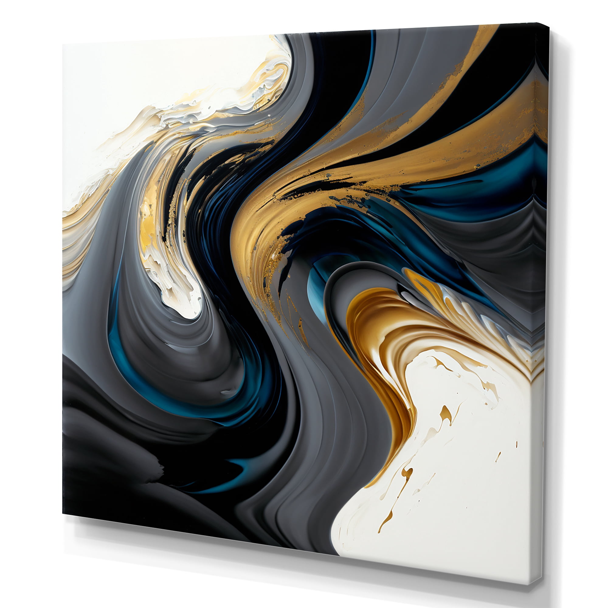 Designart Black, White And Gold Liquid Art IV Canvas Wall Art