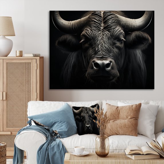Designart "Black White Buffalo Of Wisdom" Animals Wall Art Living Room