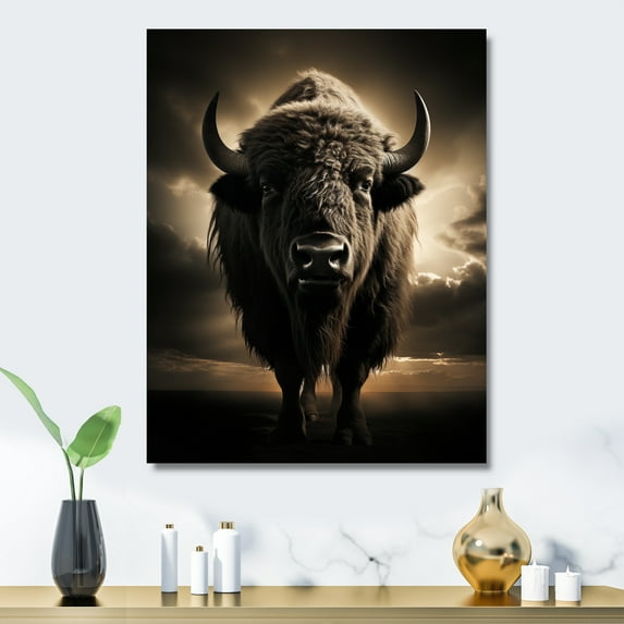 Designart "Black White Buffalo Silhouette Charm I" Animals Bison Metal Art Living Room
