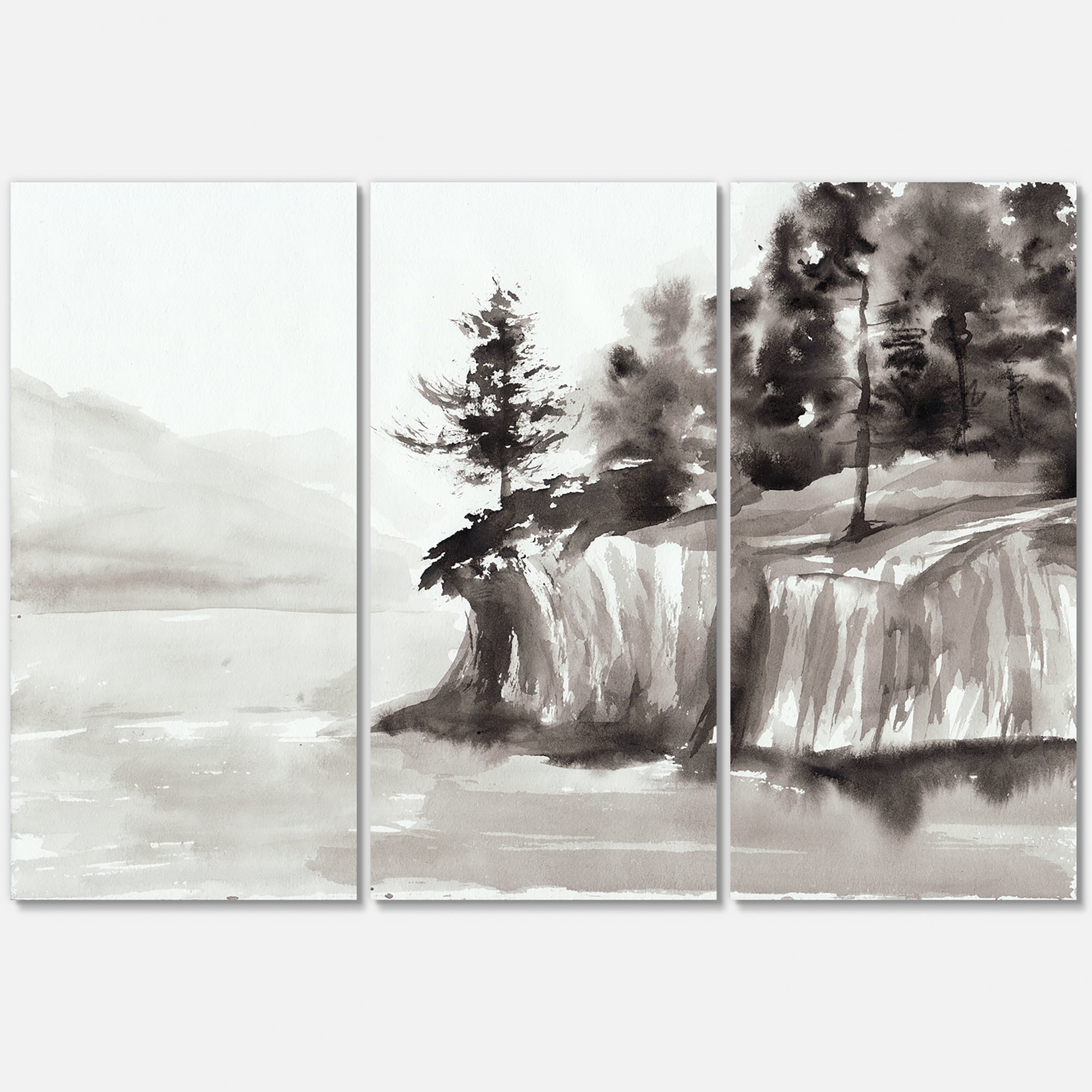 Designart ' Black & White Cliffs By The Lake ' Nautical & Coastal Canvas Wall Art Print