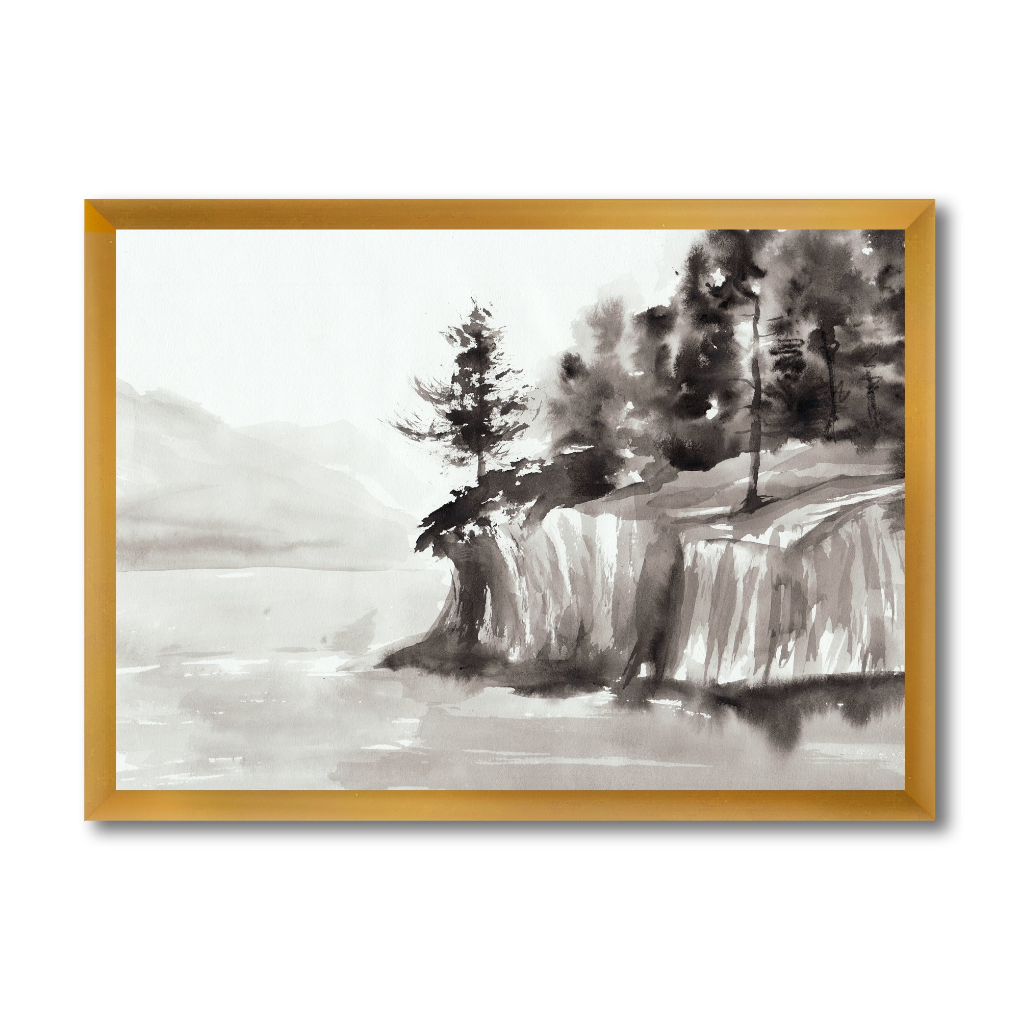 Designart 'Black & White Cliffs By The Lake' Nautical & Coastal Framed Art Print