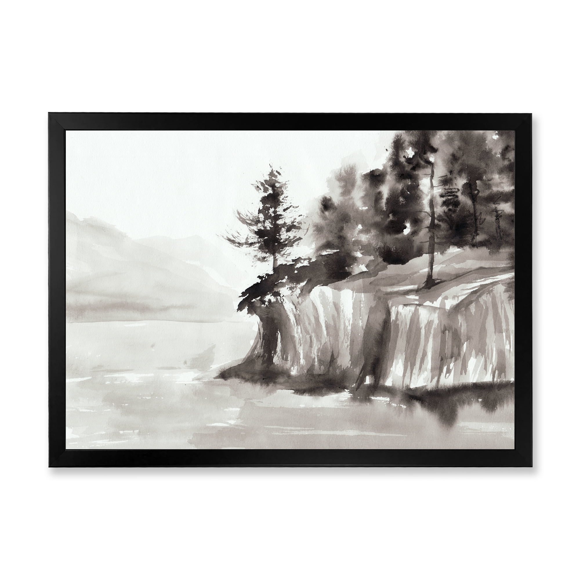 Designart 'Black & White Cliffs By The Lake' Nautical & Coastal Framed Art Print