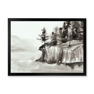 Designart 'Black & White Cliffs By The Lake' Nautical & Coastal Framed Art Print