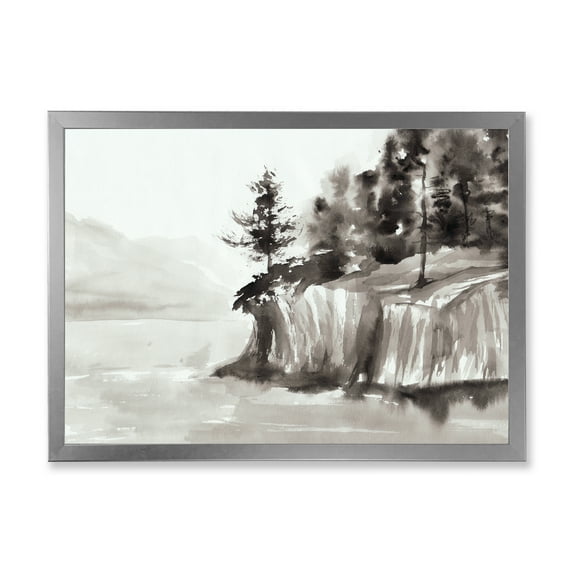 Designart 'Black & White Cliffs By The Lake' Nautical & Coastal Framed Art Print