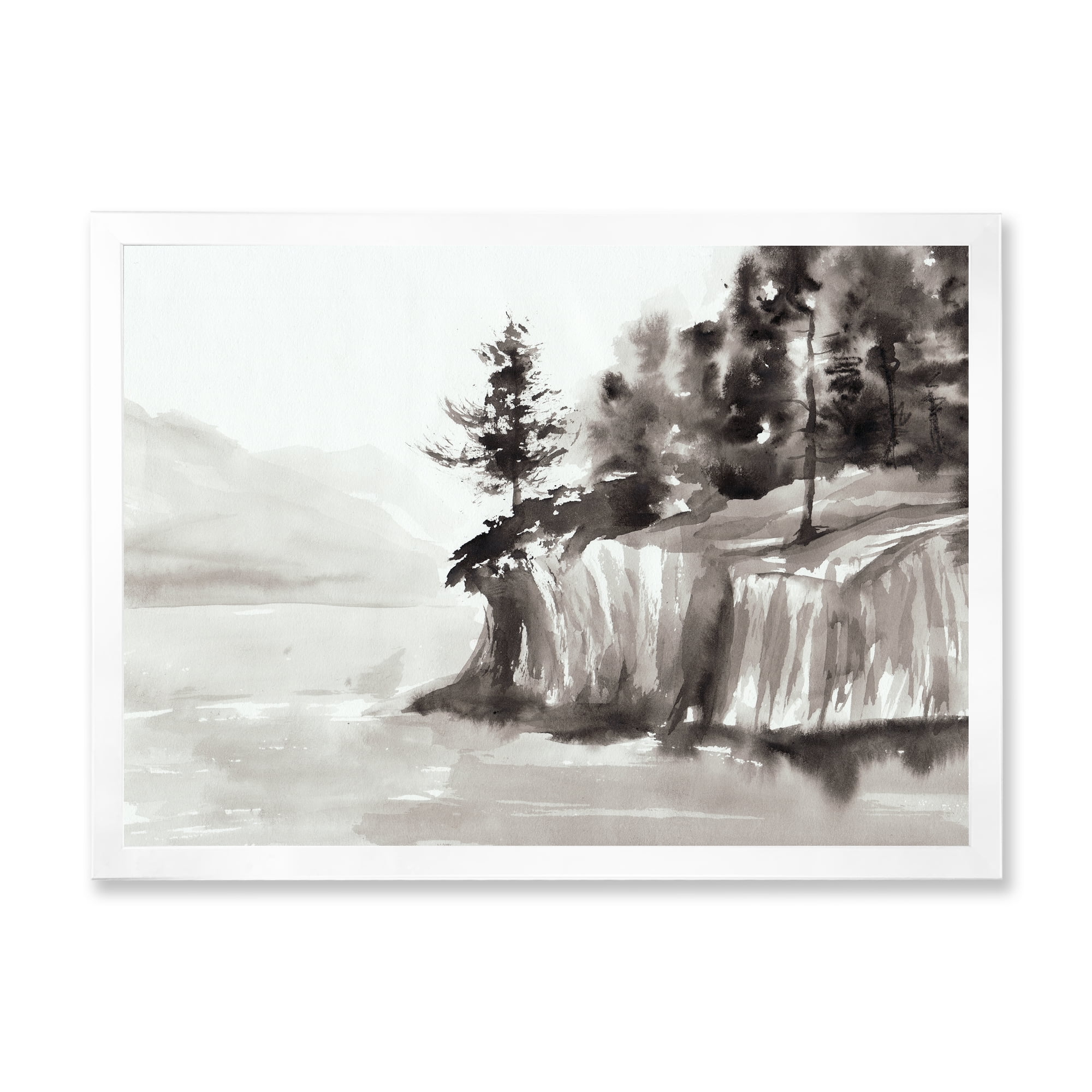 Designart 'Black & White Cliffs By The Lake' Nautical & Coastal Framed Art Print