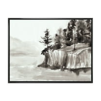 Designart 'Black & White Cliffs By The Lake' Nautical & Coastal Framed Canvas Wall Art Print