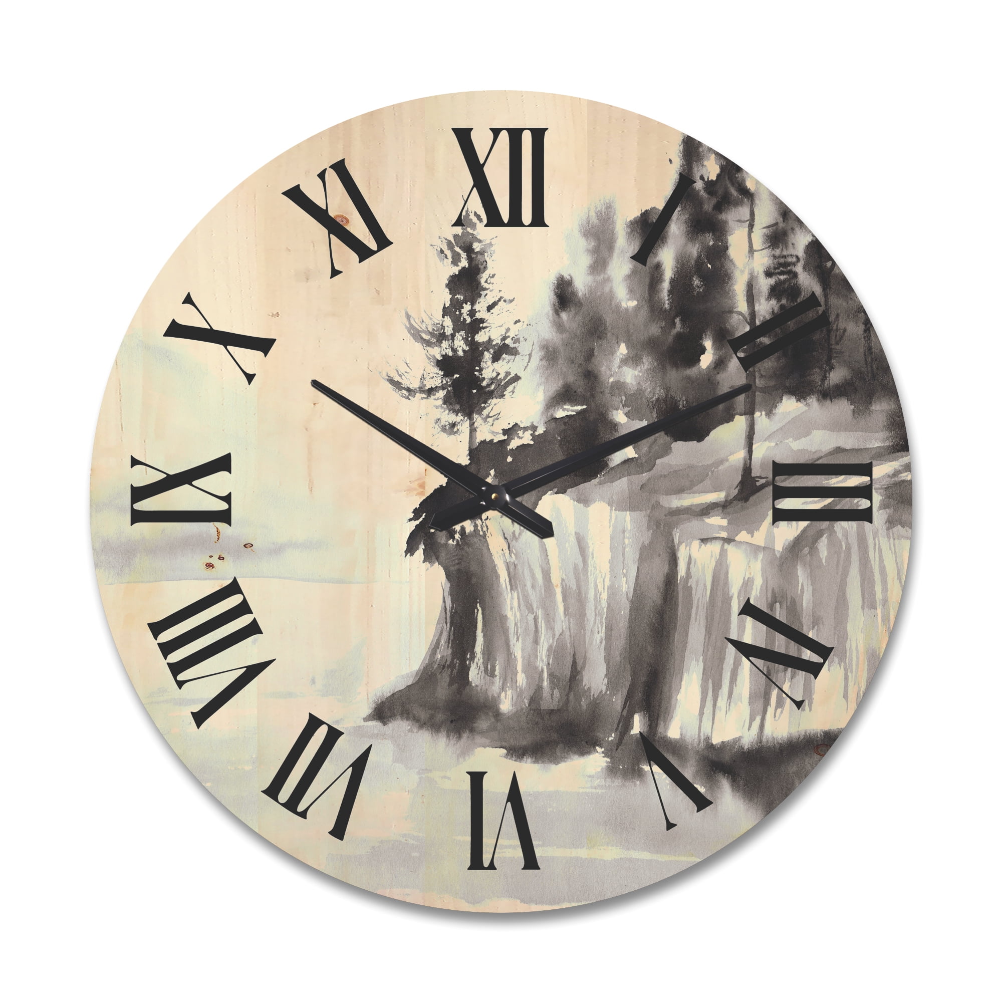 Designart 'Black & White Cliffs By The Lake' Nautical & Coastal Wood Wall Clock