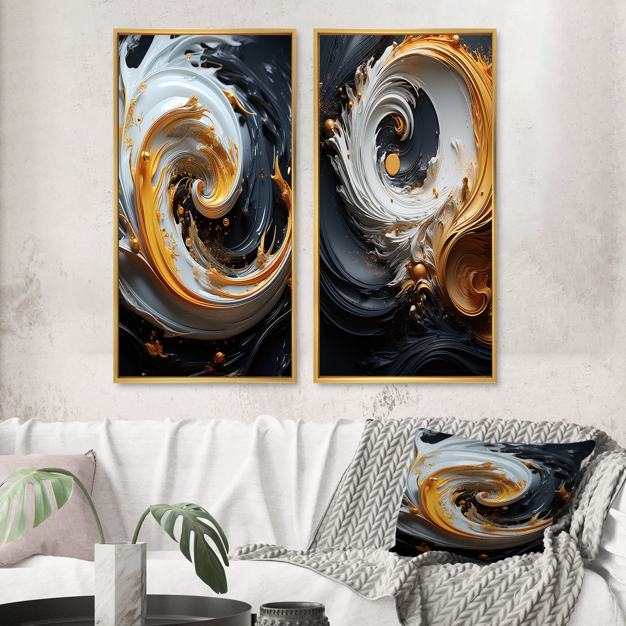 Designart "Black White Gold Spiral Liquid Magic" Abstract Spirals