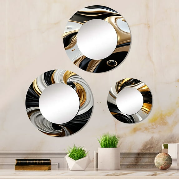 Designart "Black White Gold Swirl Liquid Dimension" Abstract Round Mirror Set of 3 - Modern Gold Hallway Round Mirror Wall Decor Set