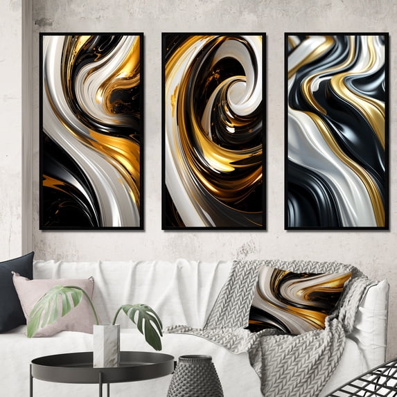 Designart "Black White Gold Swirl Liquid Dimension" Abstract Spirals Framed Wall Art Set Of 3 - Gold Transitional Frame Gallery Wall Set For Home Decor