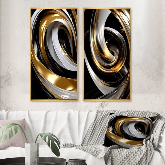 Designart "Black White Gold Swirl Liquid Dimension III" Abstract Spirals Framed Wall Art Set Of 2 - Transitional Gold Gallery Wall Frame Set For Home Decor