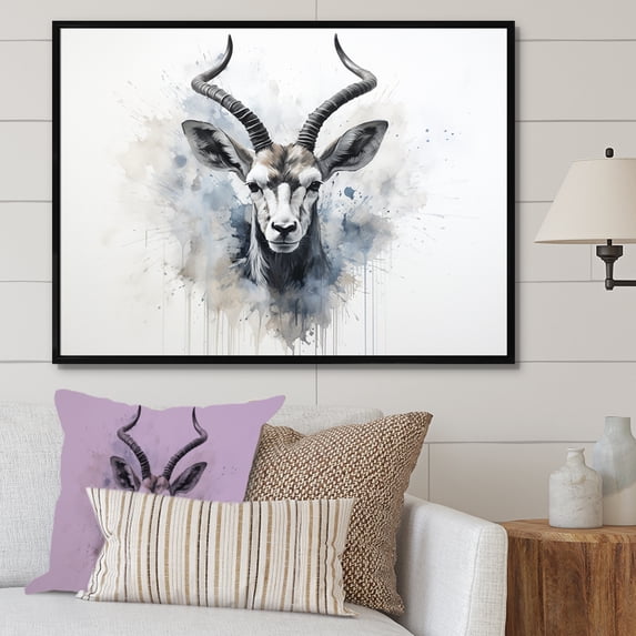 Designart "Black & White Ibex Minimalism" Animals Antelope Floater Framed Wall Decor