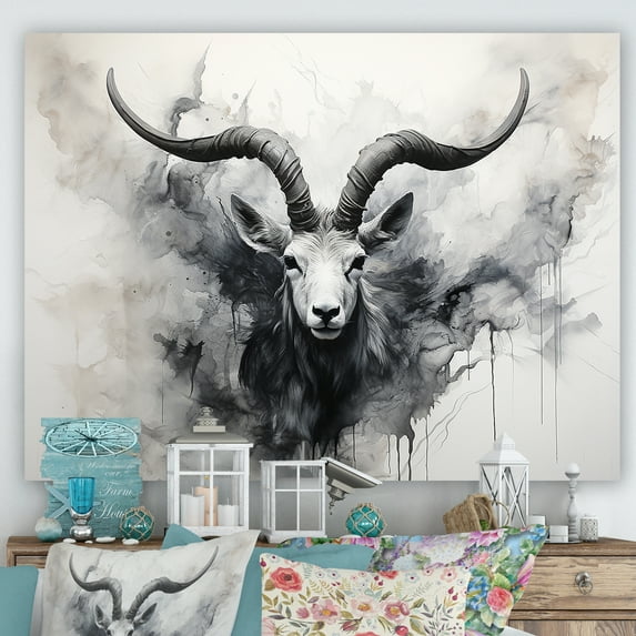 Designart "Black & White Ibex Minimalism I" Animals Antelope Canvas Art Print