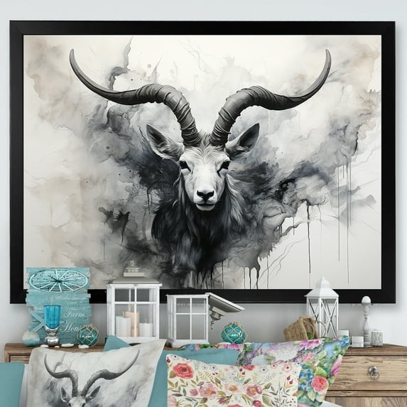 Designart "Black & White Ibex Minimalism I" Animals Antelope Picture Framed Canvas Art Print