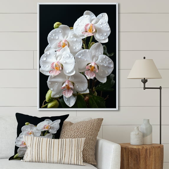 Designart "Black White Orchid Delicate Orchid painting" Floral Floater Framed Wall Art Print