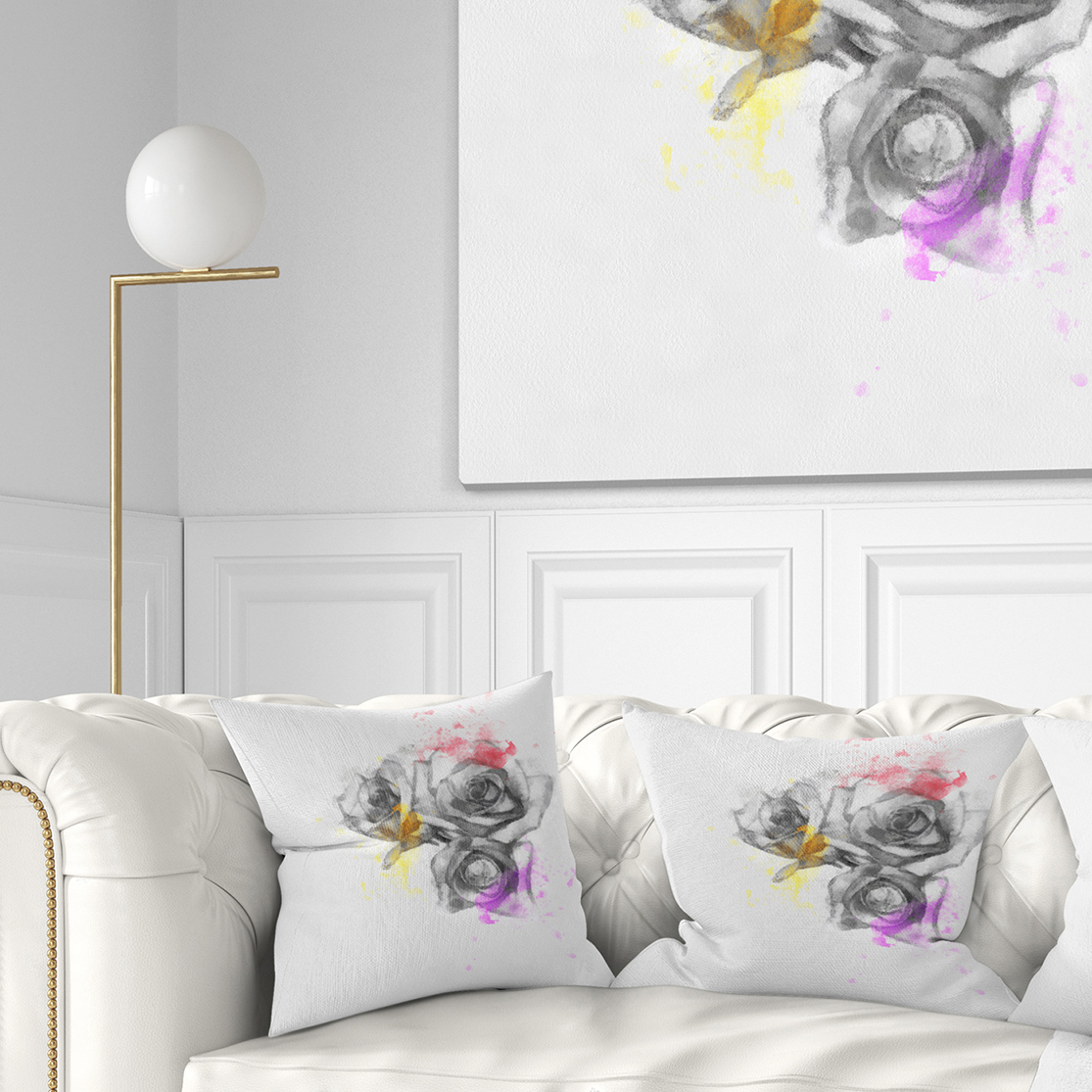 Designart Black White Watercolor Rose Sketch - Floral Throw Pillow - 18x18