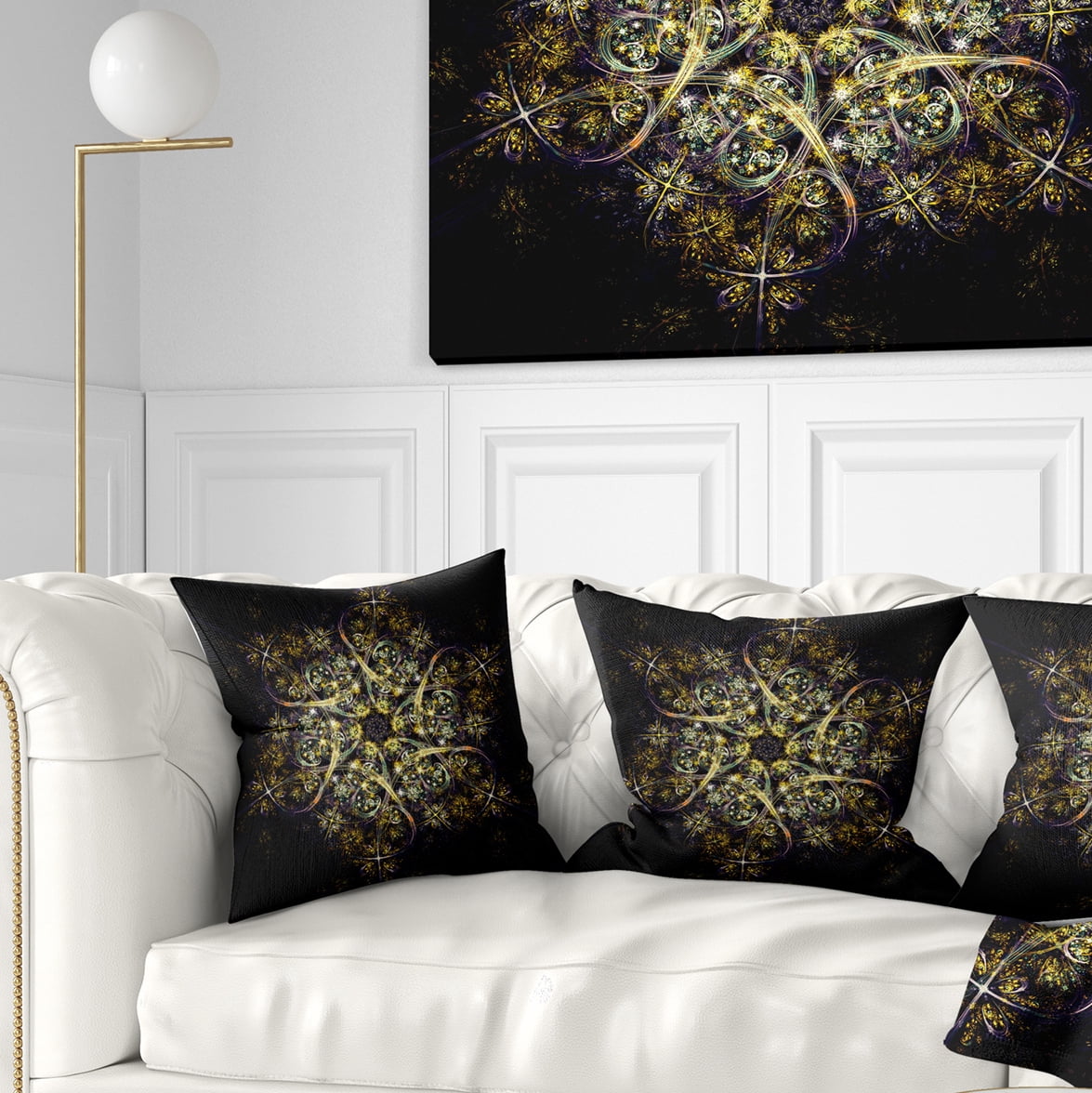 Designart Black Yellow Fractal Flower Pattern - Abstract Throw Pillow - 16x16
