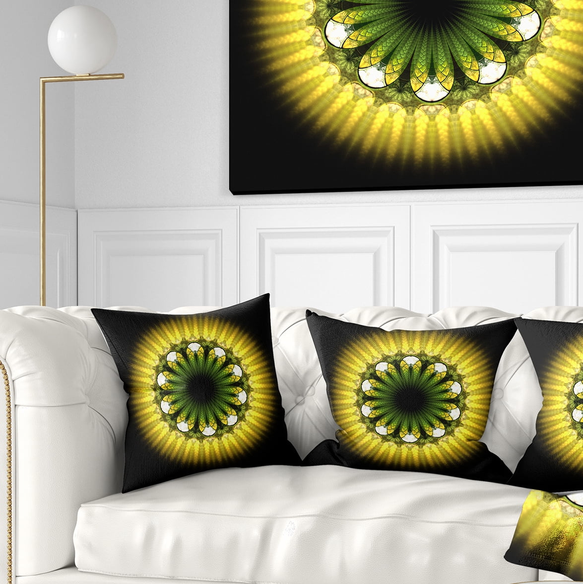 Designart Black Yellow Fractal Flower Pattern - Abstract Throw Pillow - 18x18