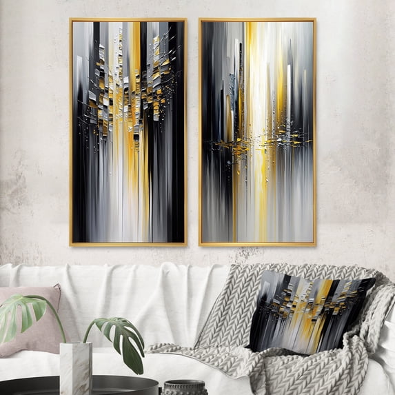 Designart "Black and Yellow Geometric Abstraction I" Abstract Geometric Framed Wall Art Set Of 2 - Black Geometric Framed Canvas Set For Living Room Decor