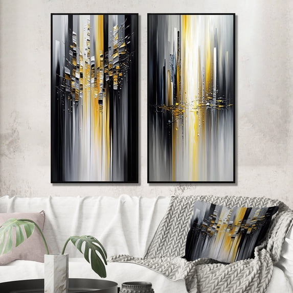 Designart "Black and Yellow Geometric Abstraction I" Abstract Geometric Framed Wall Art Set Of 2 - Black Geometric Framed Canvas Set For Living Room Decor