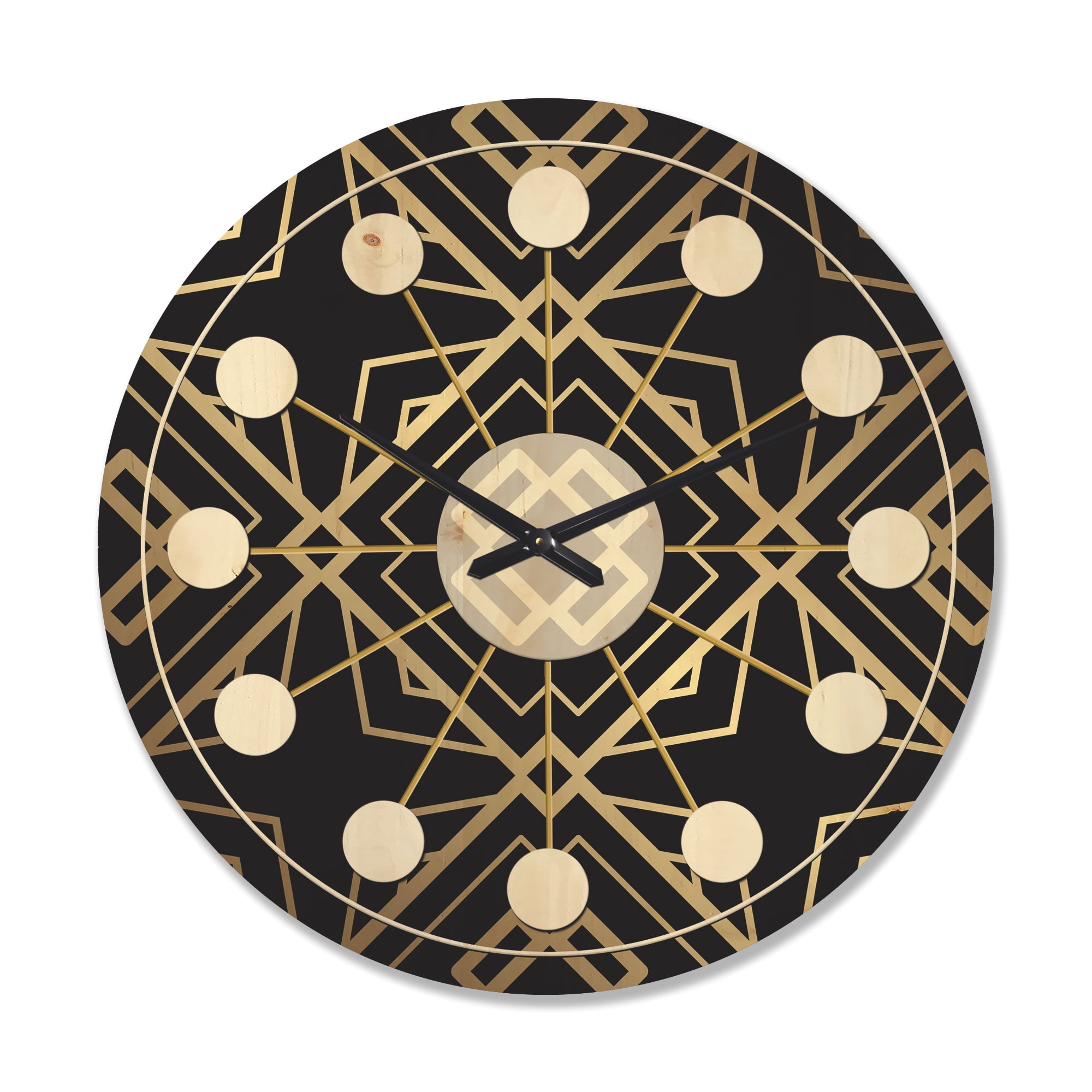 Designart 'Black and Gold Art Deco Pattern' Mid-Century Modern Wood Wall Clock