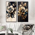 thumbnail image 1 of Designart "Black and Gold Camellias in Bouquet II" Camellia Framed Wall Art Set Of 2 - Black Floral Framed Canvas Set For Living Room Decor, 1 of 7