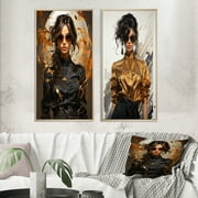 Designart "Black and Gold High Fashion Model I" Fashion Woman Framed Wall Art Set Of 2 - Glam Gold Gallery Wall Frame Set For Home Decor
