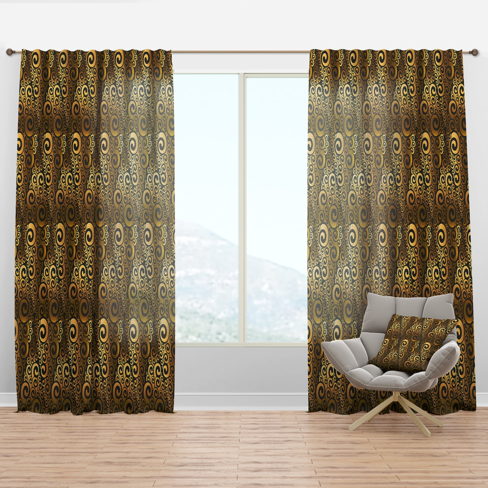 Designart 'Black and Gold Swirl I' Mid-Century Modern Curtain Panel