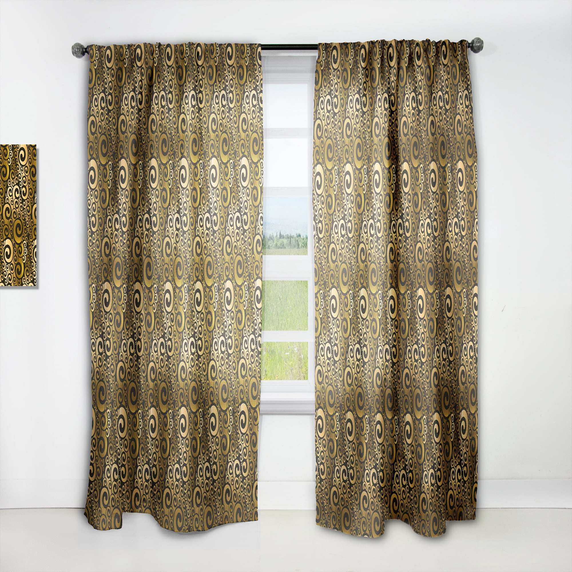 Designart 'Black and Gold Swirl I' Mid-Century Modern Curtain Panel