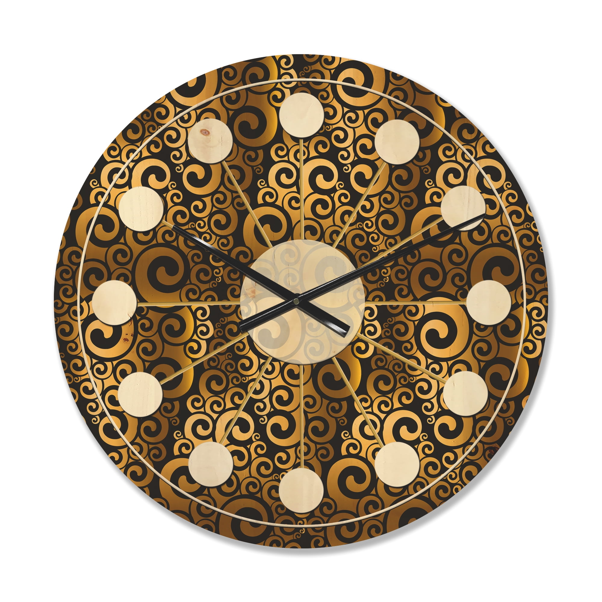 Designart 'Black and Gold Swirl I' Mid-Century Modern Wood Wall Clock