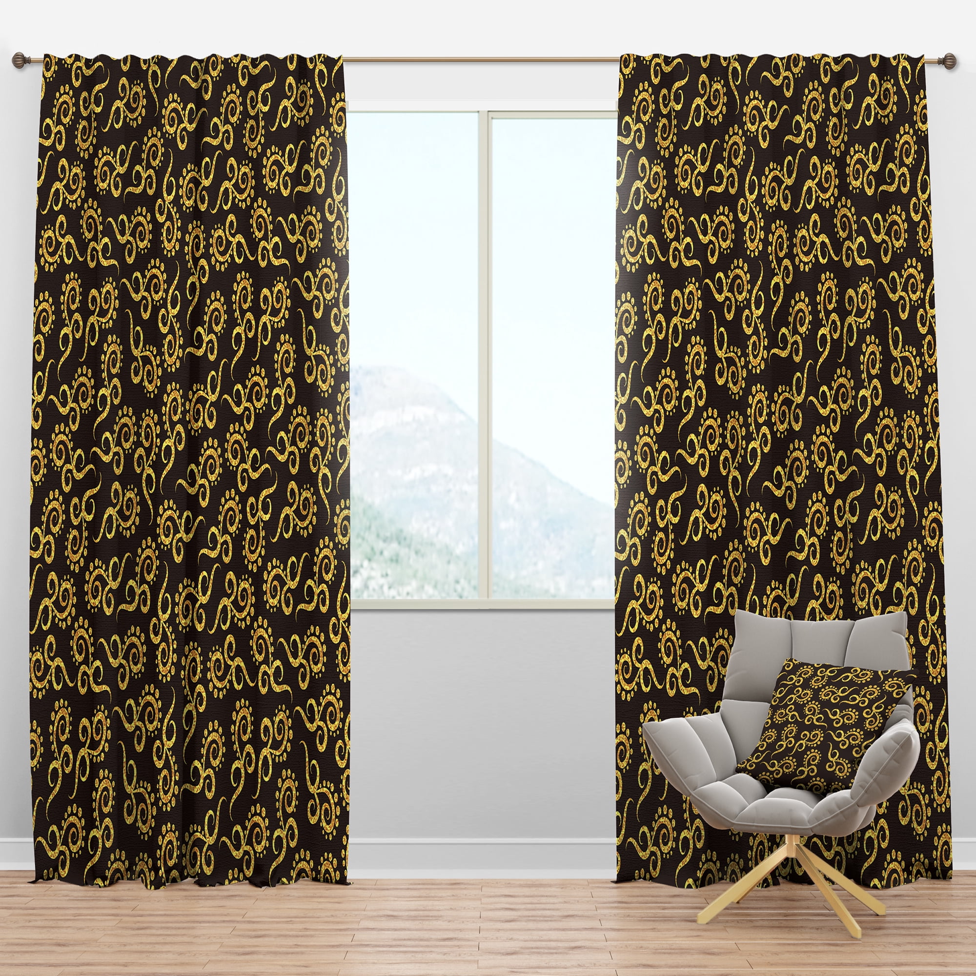 Designart 'Black and Gold Swirl II' Mid-Century Modern Blackout Curtain Panel