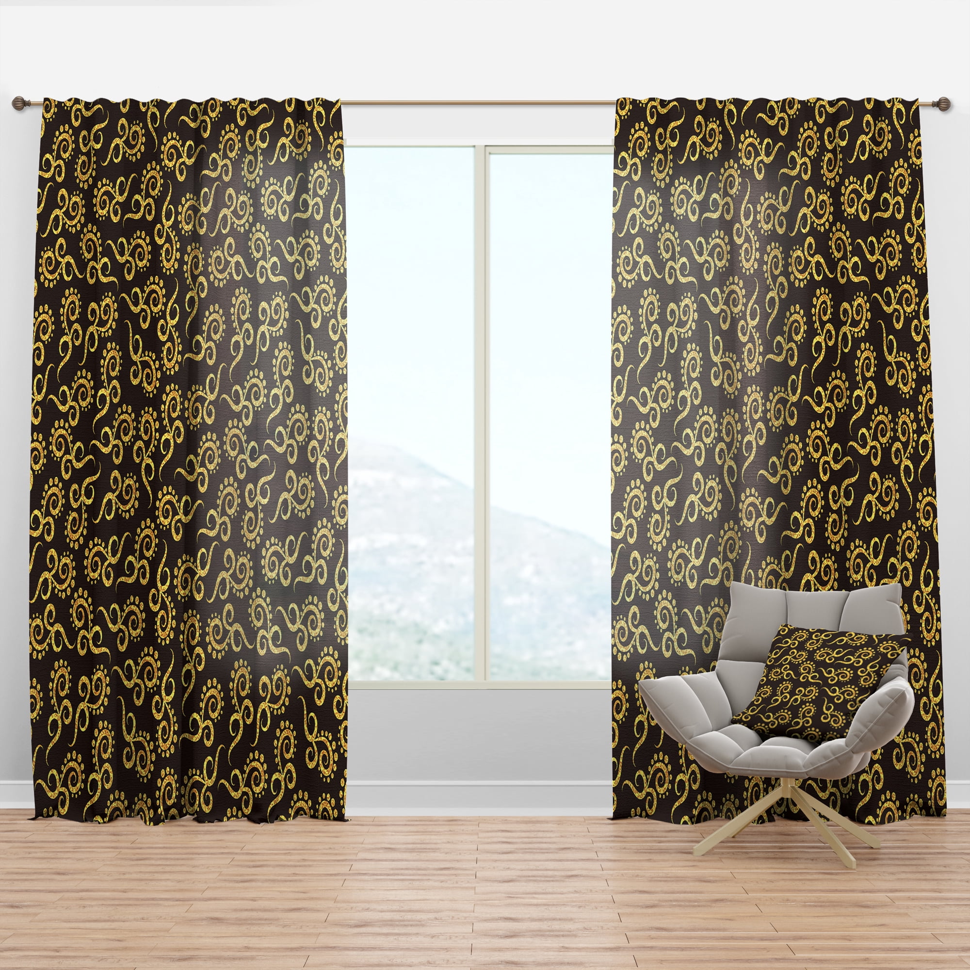 Designart 'Black and Gold Swirl II' Mid-Century Modern Curtain Panel