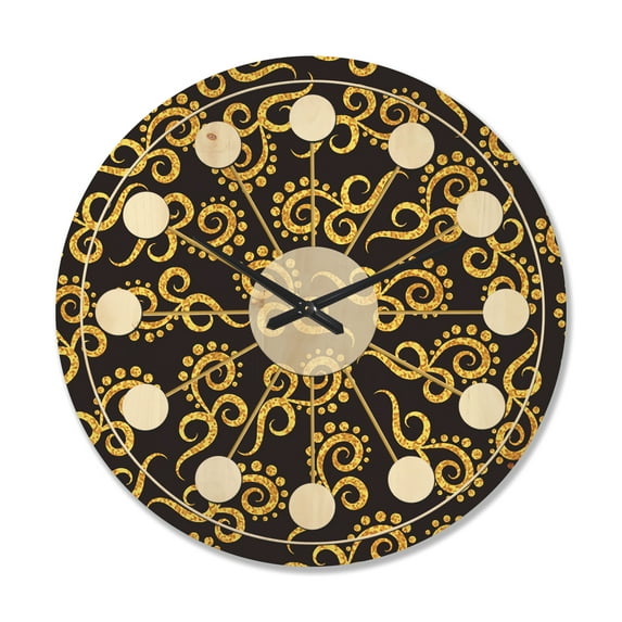 Designart 'Black and Gold Swirl II' Mid-Century Modern Wood Wall Clock