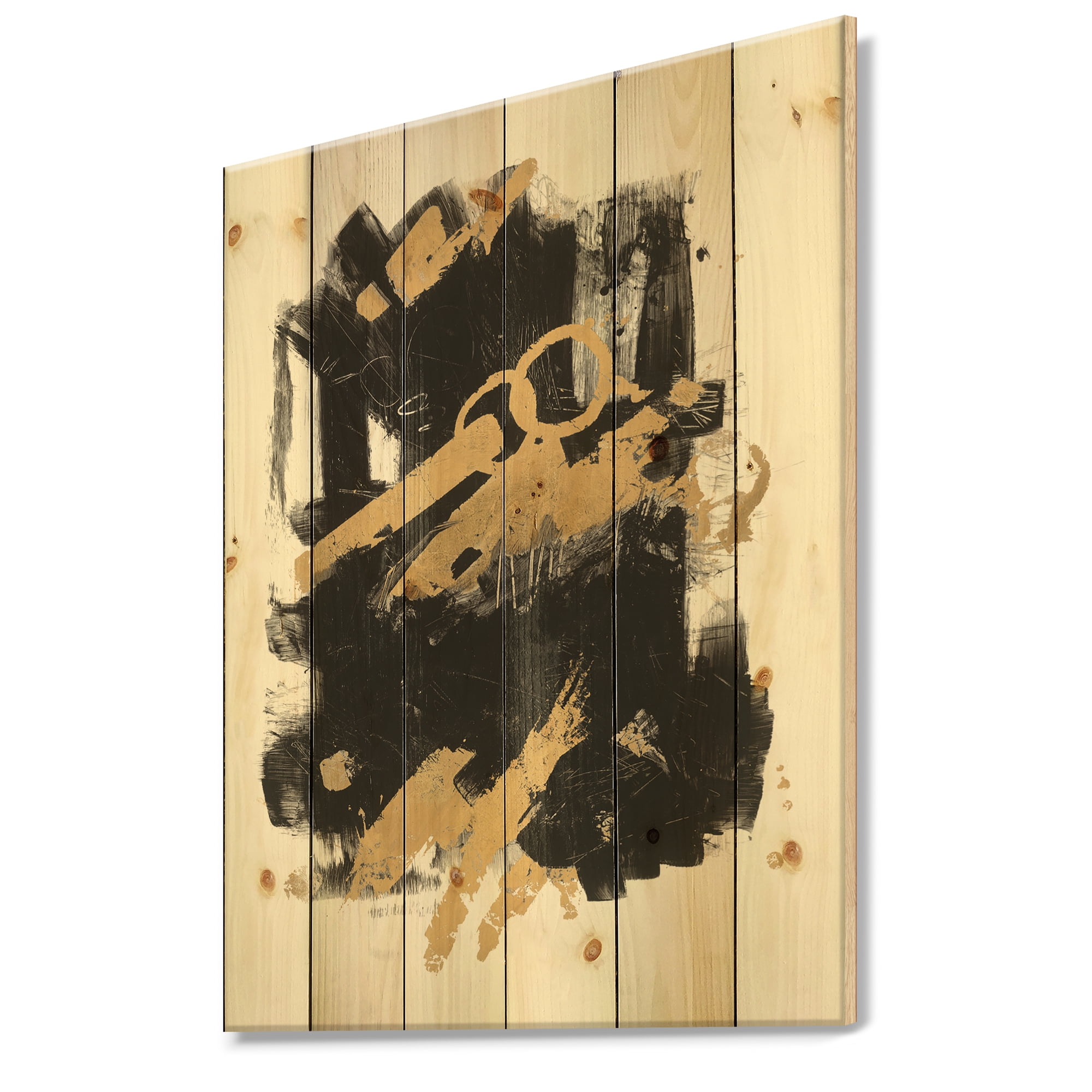 Designart 'Black and Gold drift I' Modern Glam Print on Natural Pine Wood